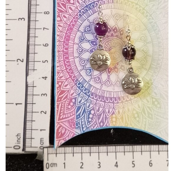 AMETHYST STONE EARRINGS, SILVERY LOTUS DANGLE - Picture 7 of 7